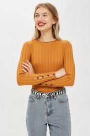 RIBBED BUTTON SLEEVE TOP at Topshop